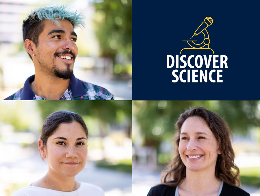 Photo collage of three portraits and the "Discover Science" podcast logo.