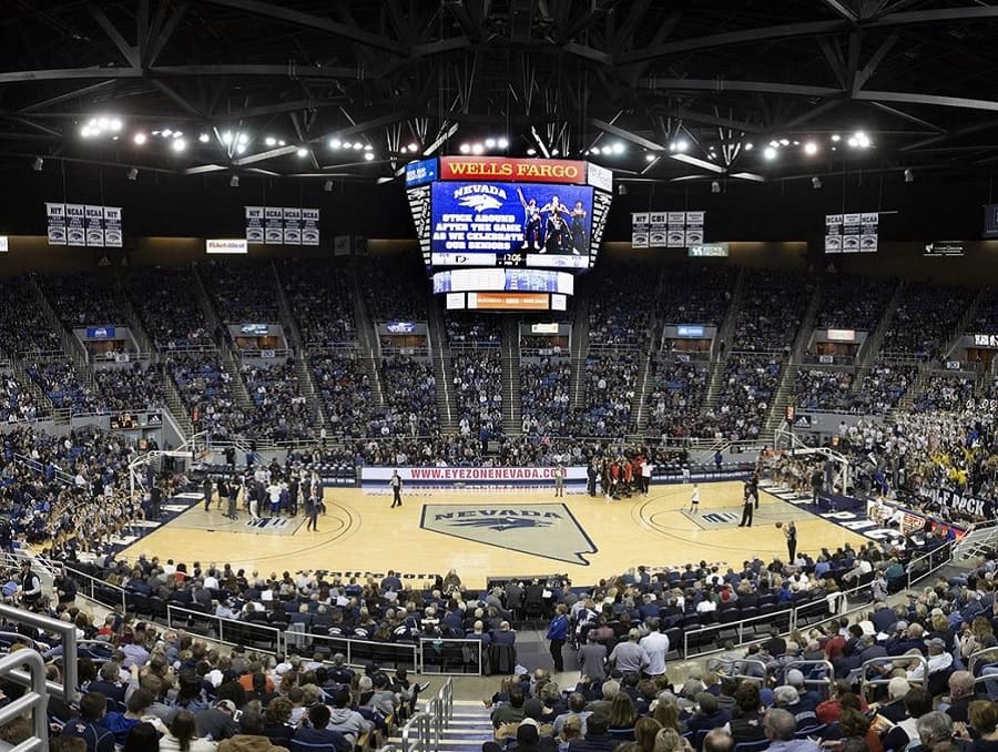 A Nevada Wolf Pack Men's Basketball game at Lawlor Stadium with the whole court and crowd visible