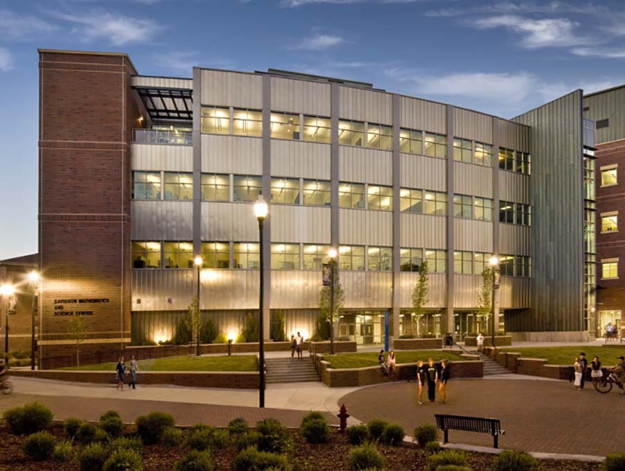 Davidson Math and Science Building on the University of Nevada, Reno campus at dusk.