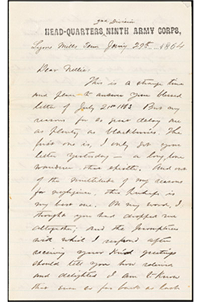 Handwritten script letter from Henry Mighel to Nellie Verrill dated 1864, on Ninth Army Corps letterhead. Sample letter taken from the Henry & Nellie Mighel Correspondence crowdsourced transcription project