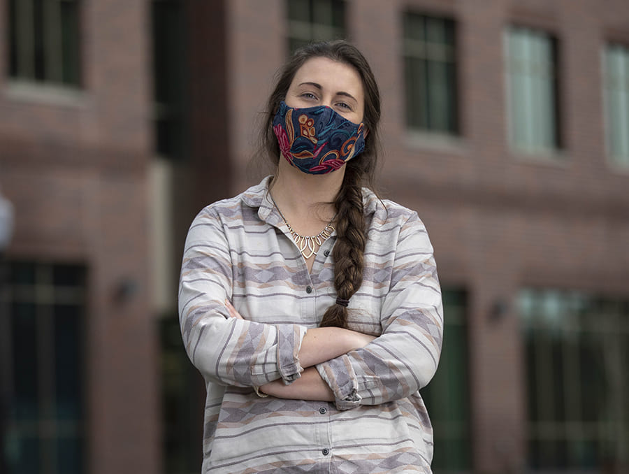 Kelsey Scalaro standing outside the William N. Pennington Engineering Building