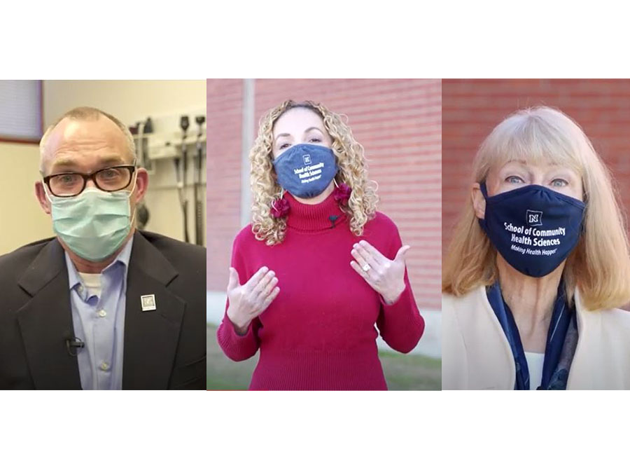 Head shots of Mark Riddle M.D., Dr.P.H., UNR Med professor and associate dean of clinical research; Trudy Larson, M.D., dean of the School of Community Health Sciences; and Diana Sande, Nevada Public Health Training Center communications manager, School of Community Health Sciences, who are presentiing science-based information about the COVID-19 vaccine. 