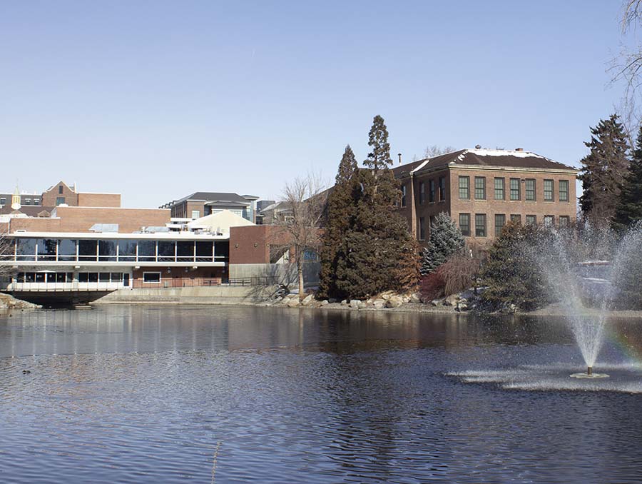 Manzanita Lake with Clark Administration and Jot Travis Buildings in the background on the University of Nevada, Reno campus.