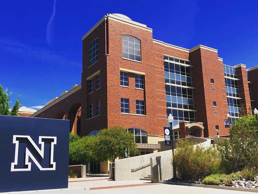 Knowledge Center and the N Statue on the University of Nevada, Reno campus.