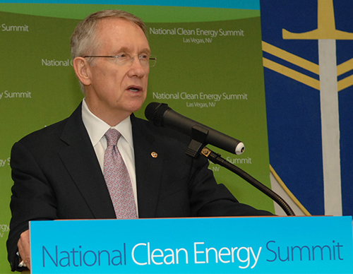 Senator Harry Reid giving an address behind a podium