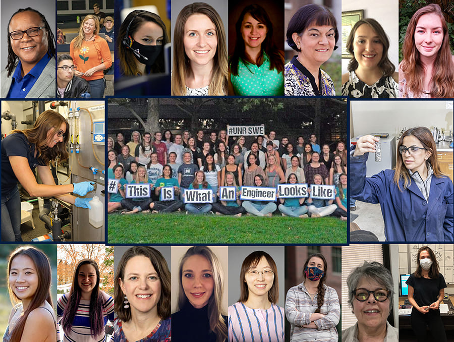 Collage of women engineers surround an image of women engineers holding a sign that reads this is what an engineer looks like