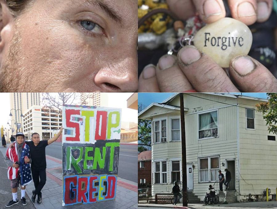 Photo collage with the side of a man's face in the top left corner, two hands holding a rock that says forgive in the top right corner, two men holding a sign on the street that reads "Stop Rent Greed" in the bottom left corner and a house with two people standing outside of it in the bottom right corner.