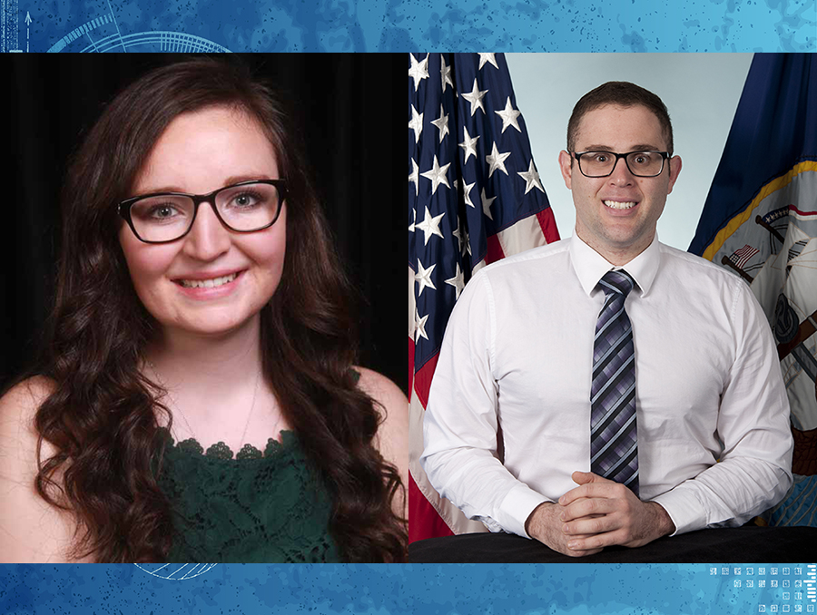 Megan Higley and Frank Pulciano, the latter seated in front of American flag