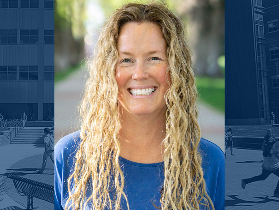 Headshot of Jennifer Hollander on top of a background image of the Davison Math and Science Center