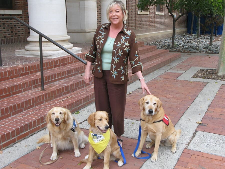 Mary Zabel with three trained assistance dogs at Dogfest