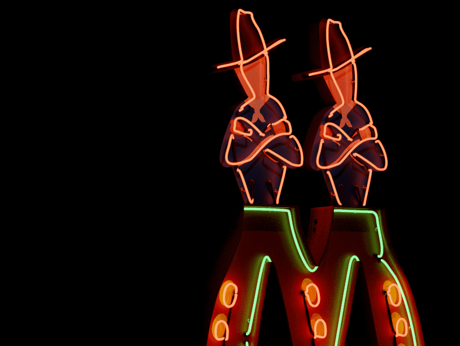 A neon sign of two cowboys standing next to each other in red and green light in front of a black background.