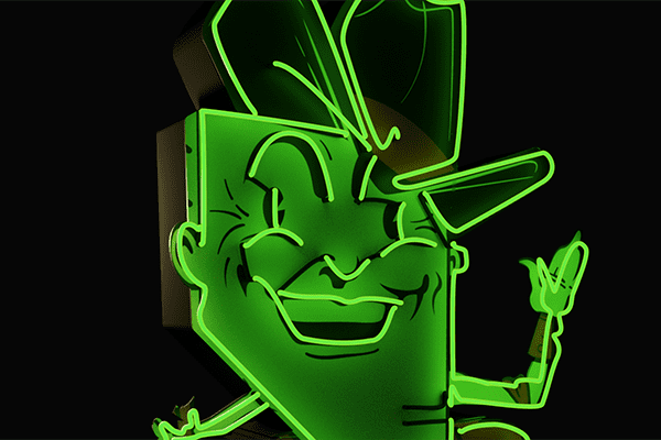 A green, neon sign of the Nevada Club Bucky mascot in front of a black background.