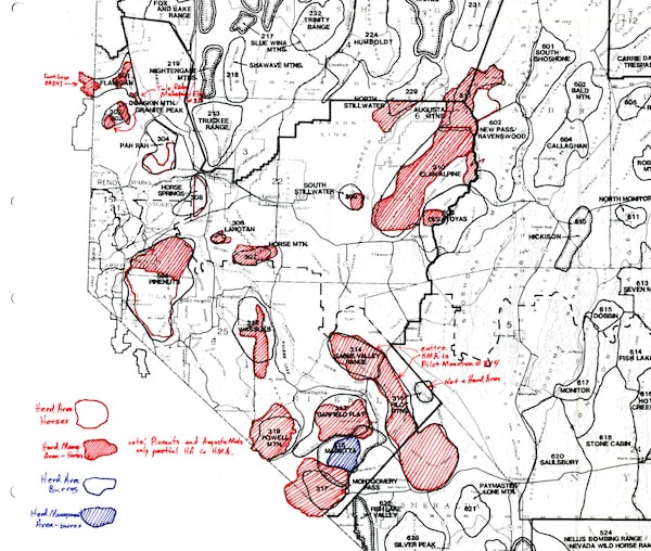 A scan of a hand-annotated map of herd management areas