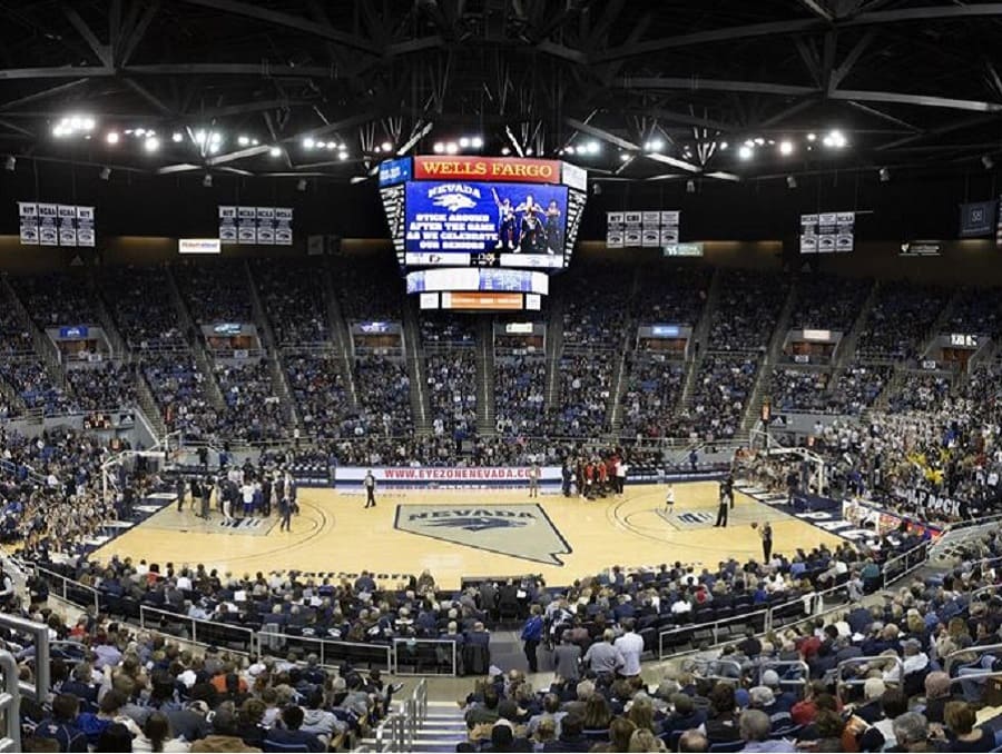 Lawlor Events Center set up for basketball with fans surrounding the court during a game