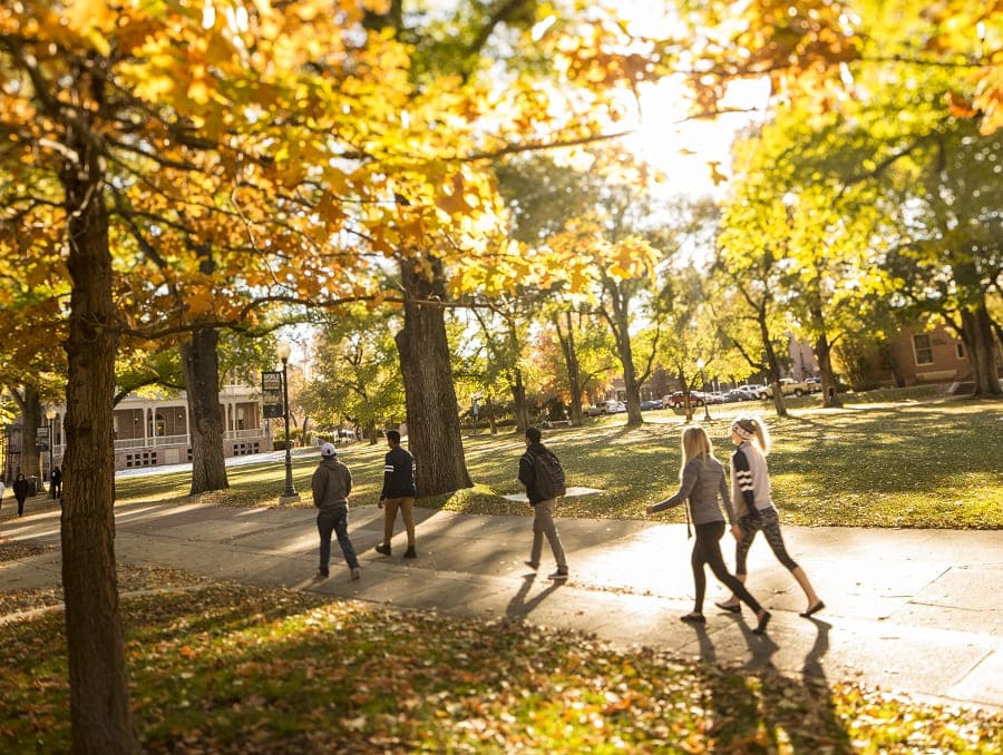 Students walking on the Quad with the leaves on the trees changing to autumnal colors and falling around them