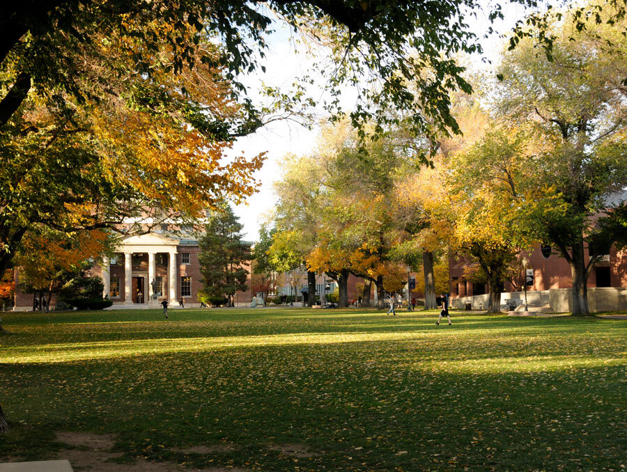 Students on the quad in autumn.