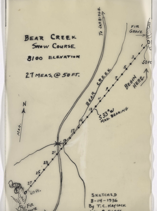 Hand drawn map of the Bear Creek snow course 