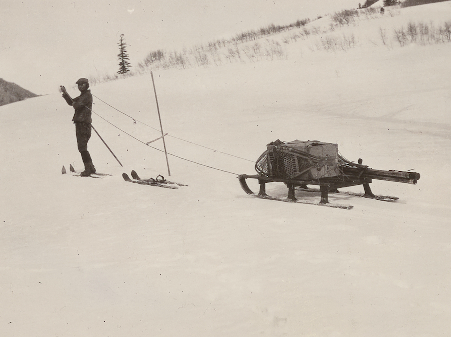 Historical photogtaph of Edward Church pulling his sleigh of gear while on a snow survey.