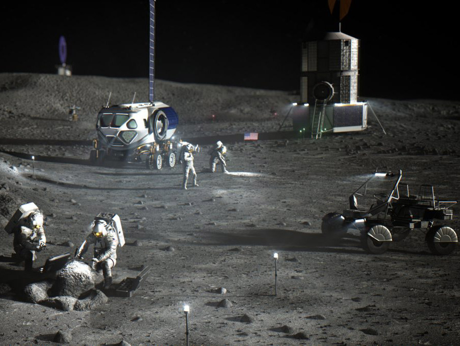 Astronauts perform various tasks on the lunar surface next to rovers.