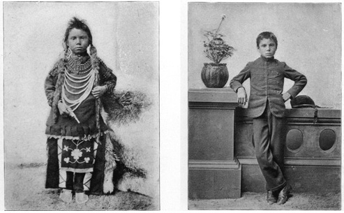 Thomas Moore prima e dopo il suo ingresso nella Regina Indian Residential School di Saskatchewan nel 1874. Library and Archives Canada / NL-022474
