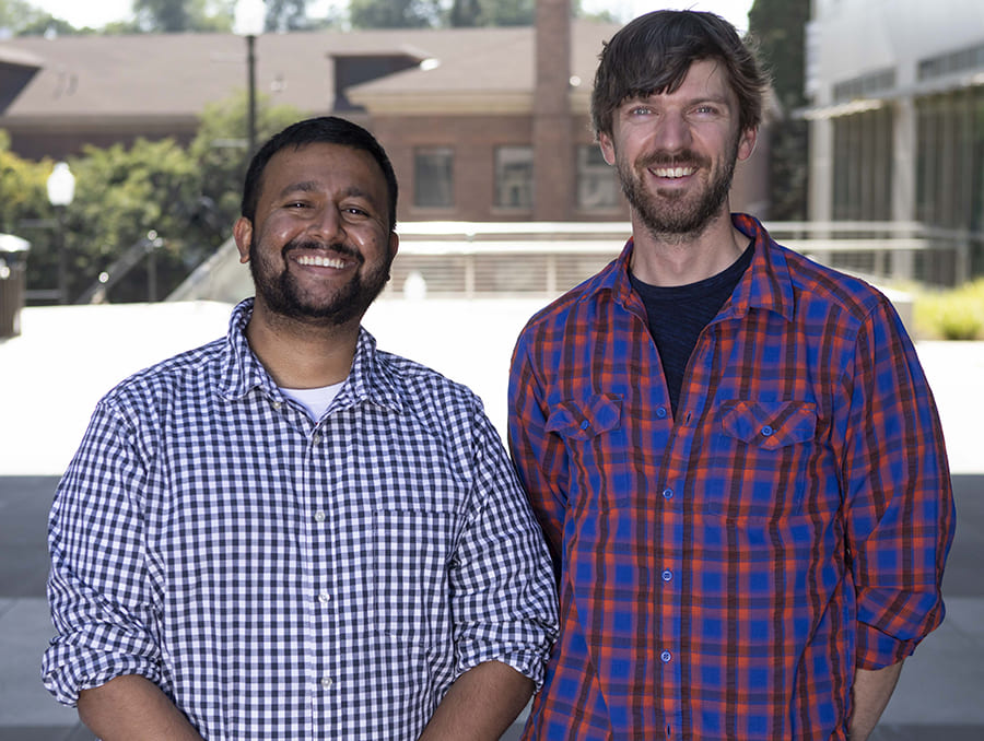 Aditya Nair and Floris van Breugel on the William N. Pennington plaza