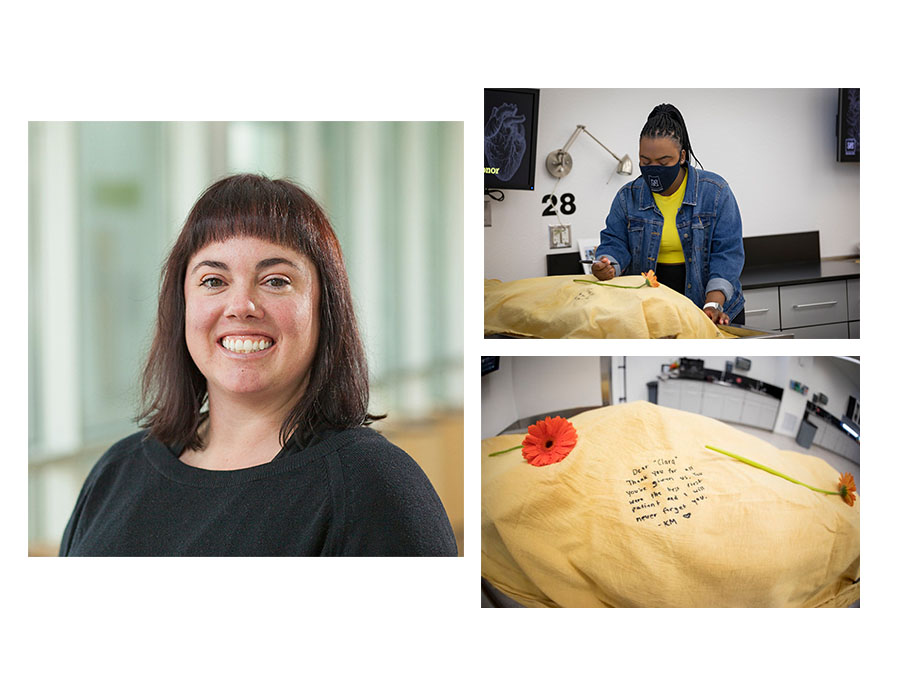 A collage of photos, including a head shot of Lindsey Pisani, anatomy lab manager and administrator for UNR Med’s Anatomical Donation Program, as well as two photos of the cadaver anatomy lab inside the School of Medicine.