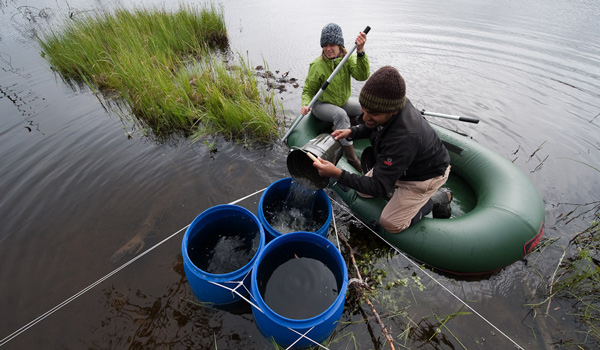 Chandra pours a bucket of water into another bucket from a small green boat while a student uses an oar.