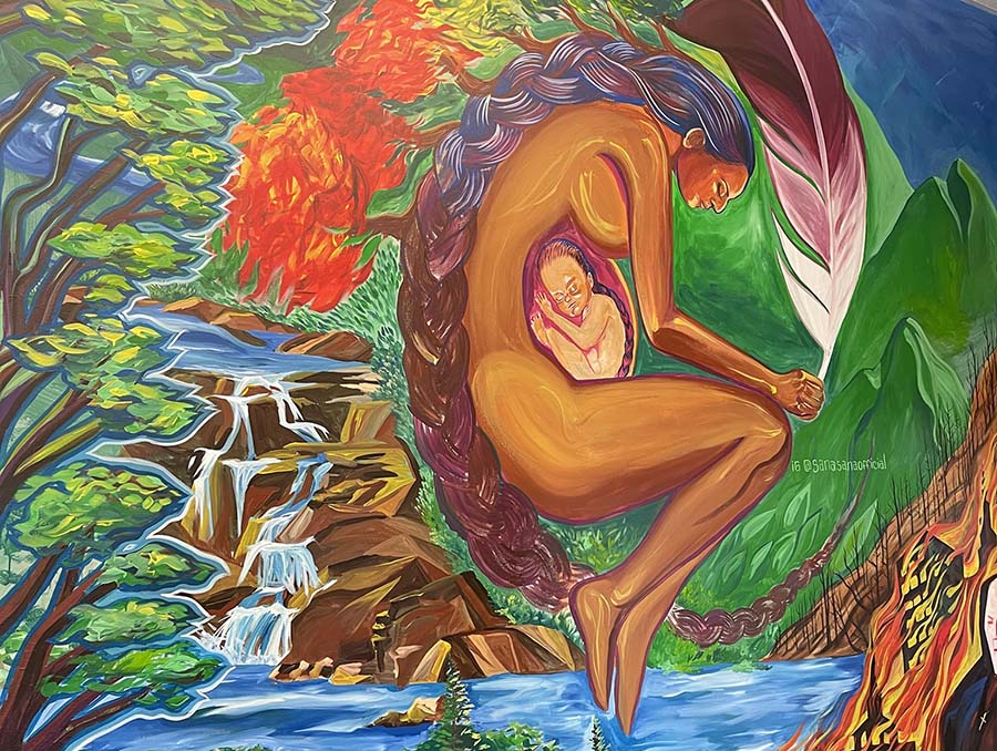 A mural in the Multicultural Center’s Joe Crowley Student Union third-floor space honors Indigenous female-identified leaders