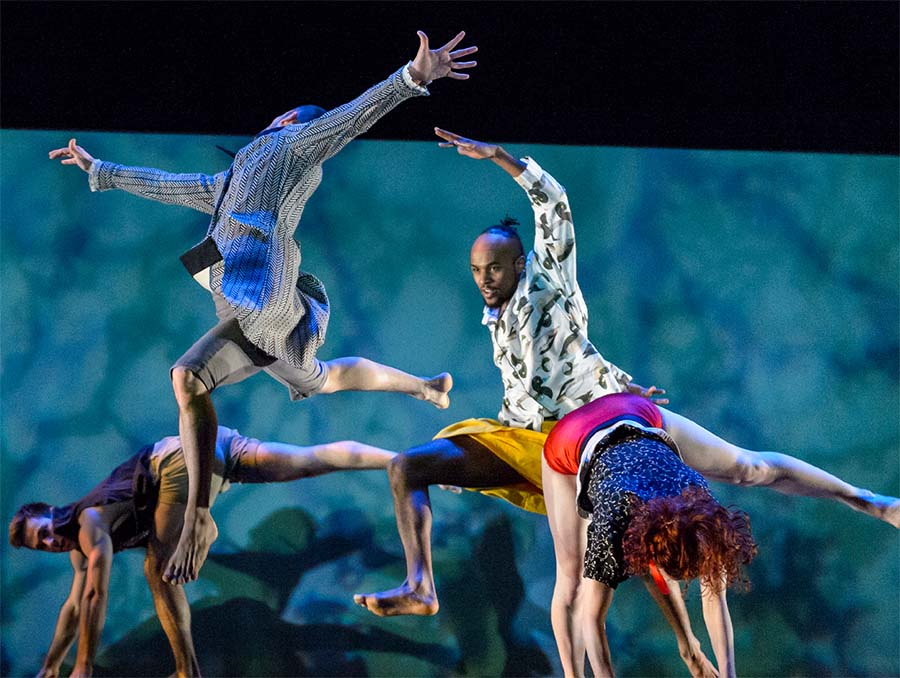 Performers of the Ririe-Woodbury Dance Company, Utah’s most established contemporary dance company, dances on a stage.