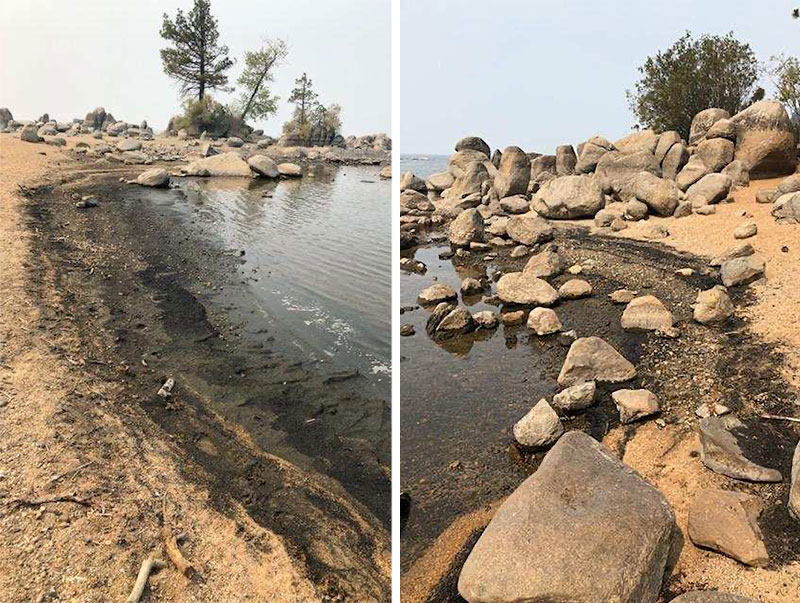 Two images show black ash on the shores of Lake Tahoe.