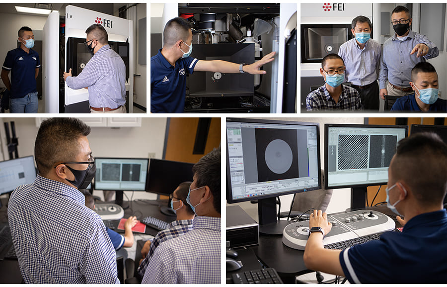 Sequence of photos showing two students and two professors using new equipment and viewing results on computer