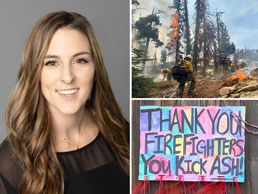 (Left) Headshot of Jena Casas. Top-right: wildland firefighters trudge through challenging terrain in Desolation Wilderness while working on the Caldor Fire. Bottom-right: A hand-made sign for the firefighters on the Caldor Fire reads "Thank you firefighters. You kick ash!".