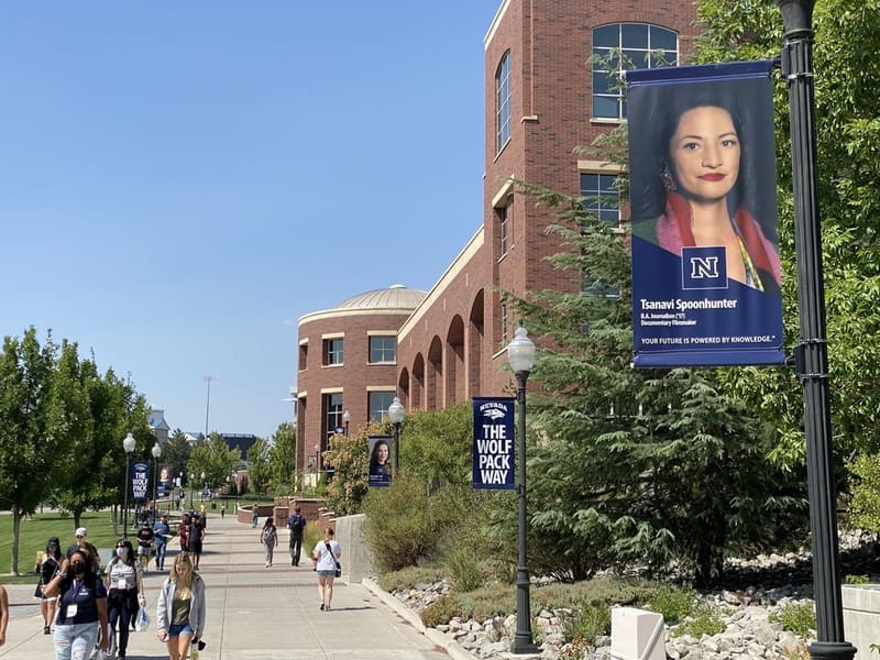 Banners lining The Wolf Pack Way pedestrian path as it goes in front of the MIKC