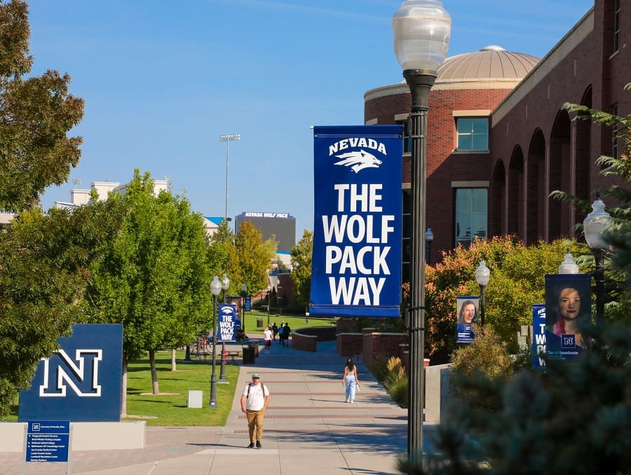 Wolf Pack Way banners running along the walkway in front of the Mathewson-IGT Knowledge Center, with the Block N in the foreground