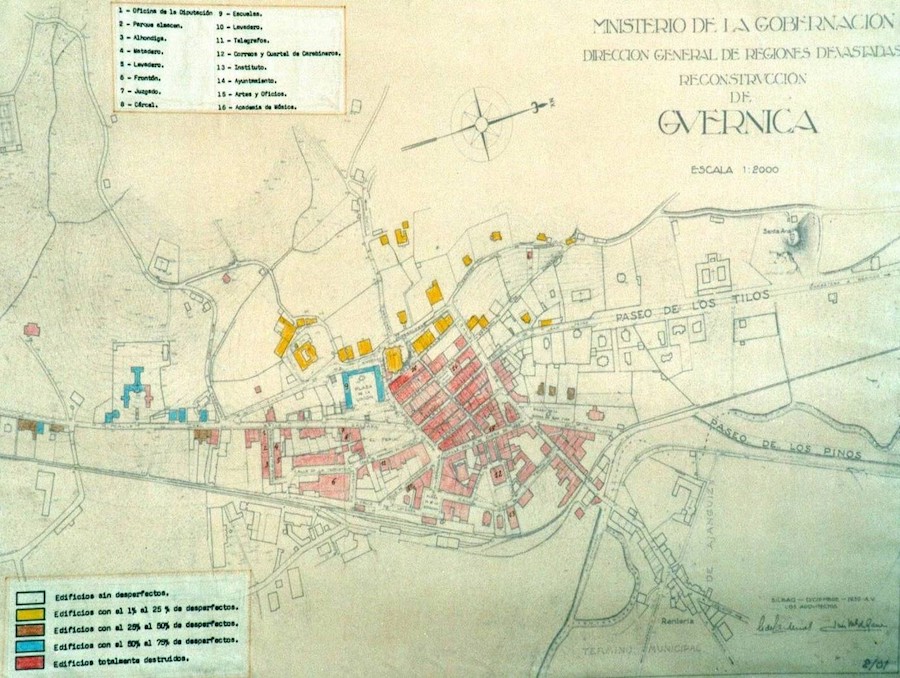 Map showing eighty-five percent of Gernika totally destroyed (in red)