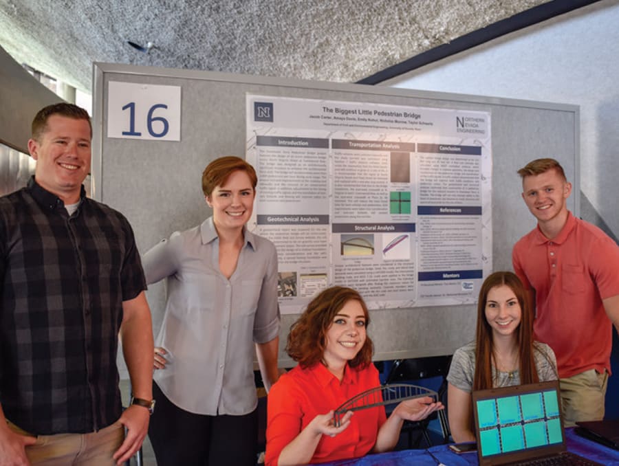 Five students, three standing, two sitting, in front of a project poster