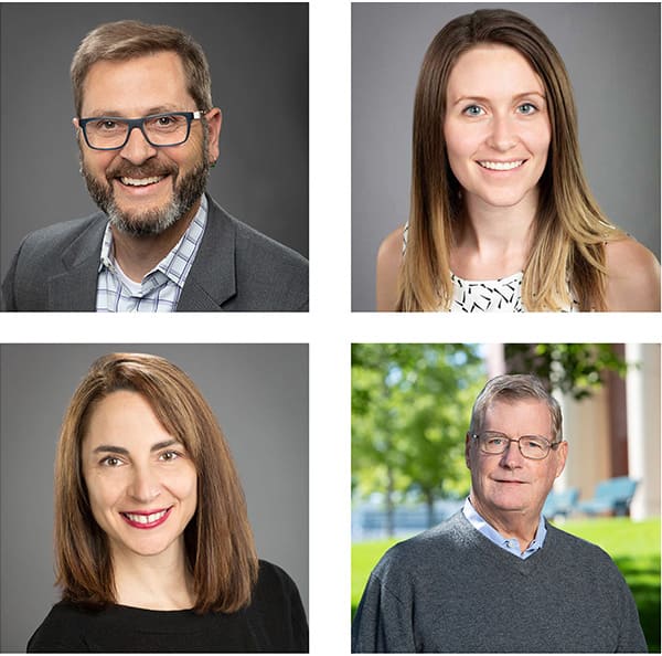 Head shots of professors involved in creating the computational linguistics program. Clockwise from top left, Ian Clayton, Emily Hand, Gerald McMenamin and Casilde IsabelliIan C