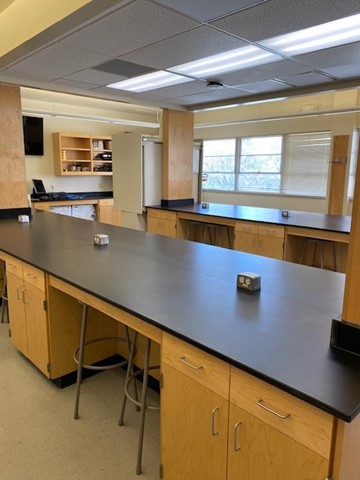 Long blacktop tables with windows in the background