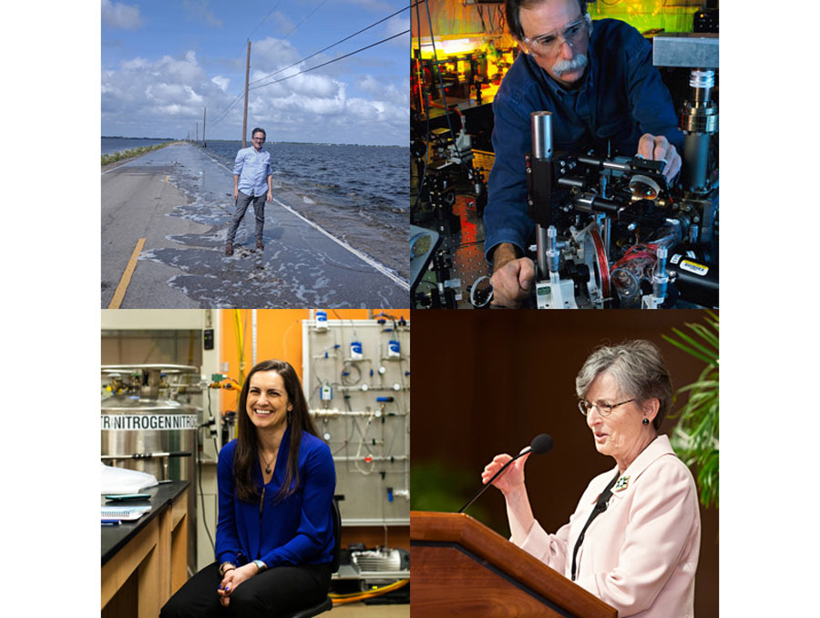 Four images in a grid. Top left shows a man standing on a flooded causeway. Top right shows a man leaning over equipment with tubes and lenses. Bottom left shows a woman sitting at a laboratory bench. Bottom right shows a woman standing at a podium.