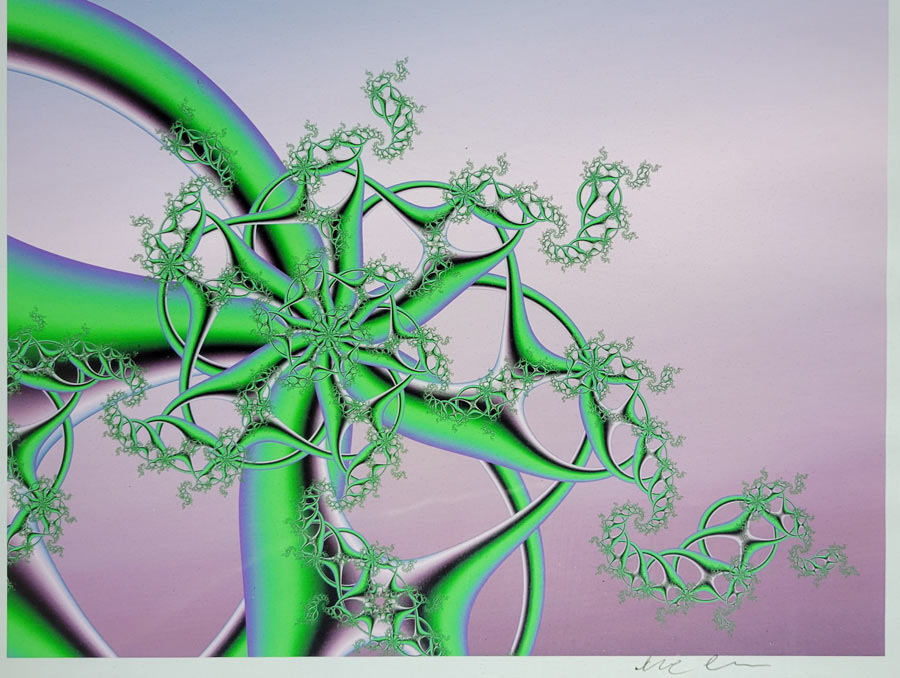 Green, computer-generated fractal art on a purple background, with a signature on the bottom.