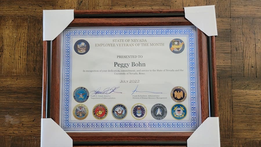 Certificate for the Veteran of the Month Award July 2022 for Peggy Bohn.