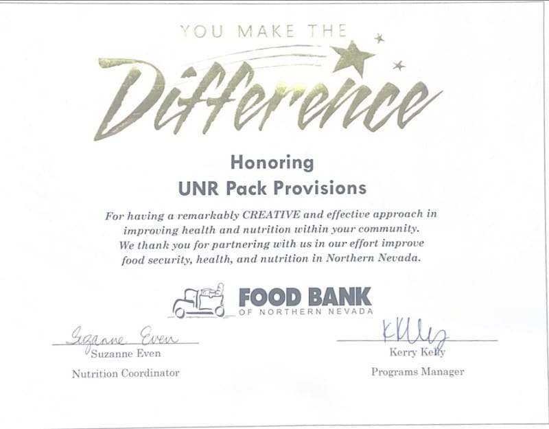Certificate from the Food Bank of Northern Nevada awarded to the University's Pack Provisions pantry.