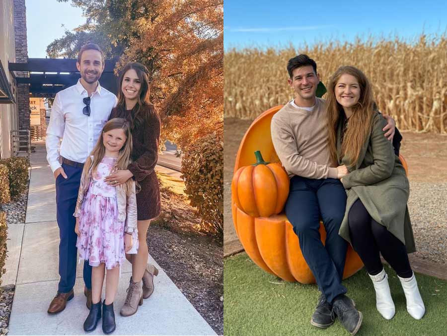 Two side-by-side images. The left image is of a man standing with a woman and a young girl, the right image is of a man and woman sitting on a fake pumpkin.