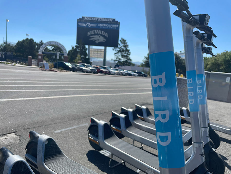 Bird scooters in a parking lot north of campus with the Mackay Stadium in the backgroun
