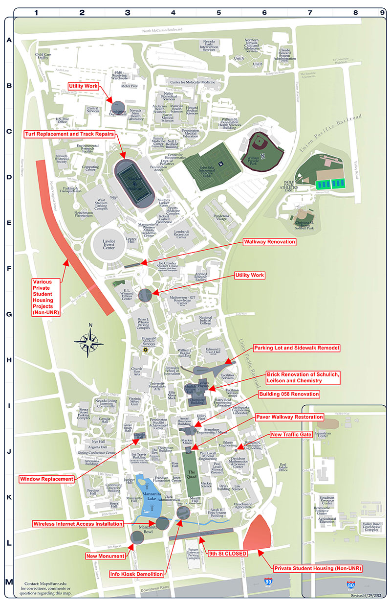 Map of University Nevada, Reno displaying 16 construction zones