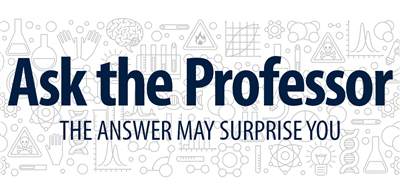 A graphic with scientific icons in the background in light gray, with dark blue text over the top that reads, "Ask the Professor, The answer may surprise you"