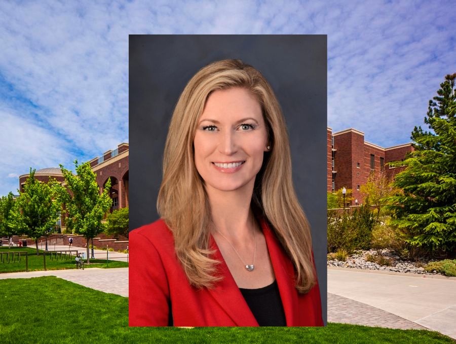 Headshot of Jill Tolles imposed upon a background image of the UNR campus.