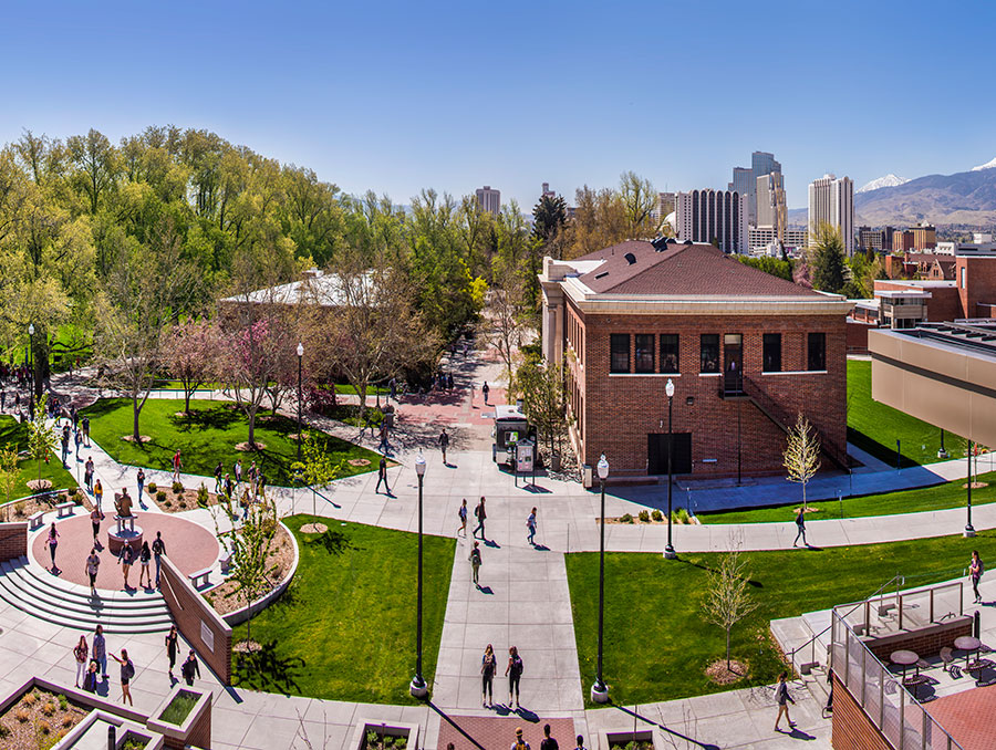 View from above of walkways and quad during summer