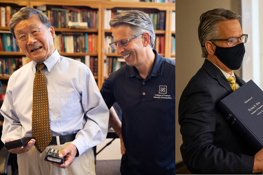 Left: Vince Catalano holds two books with blue covers. Right: Shin laughs while holding two calculators with Catalano smiling next to him.