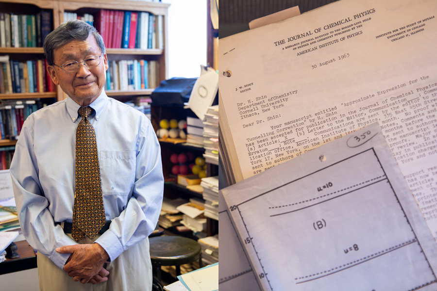 Left: Shin smiles, standing in his office with a background of papers and books stacked in bookshelves. Right: A close-up view of an acceptance letter from the Journal of Chemical Physics with a diagram over the top.